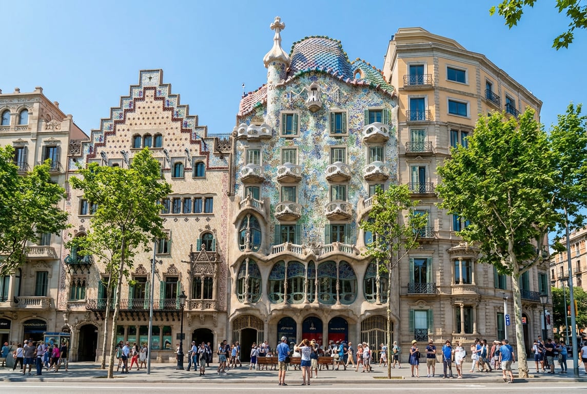 Fațada colorată Casa Batlló Gaudí pe Passeig de Gràcia Barcelona lumină naturală