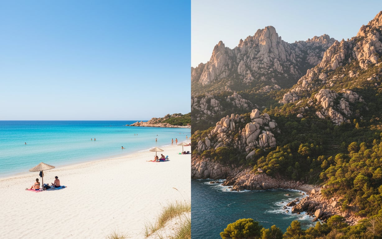 Comparație vizuală între plajele din Sardinia și peisajele montane din Corsica