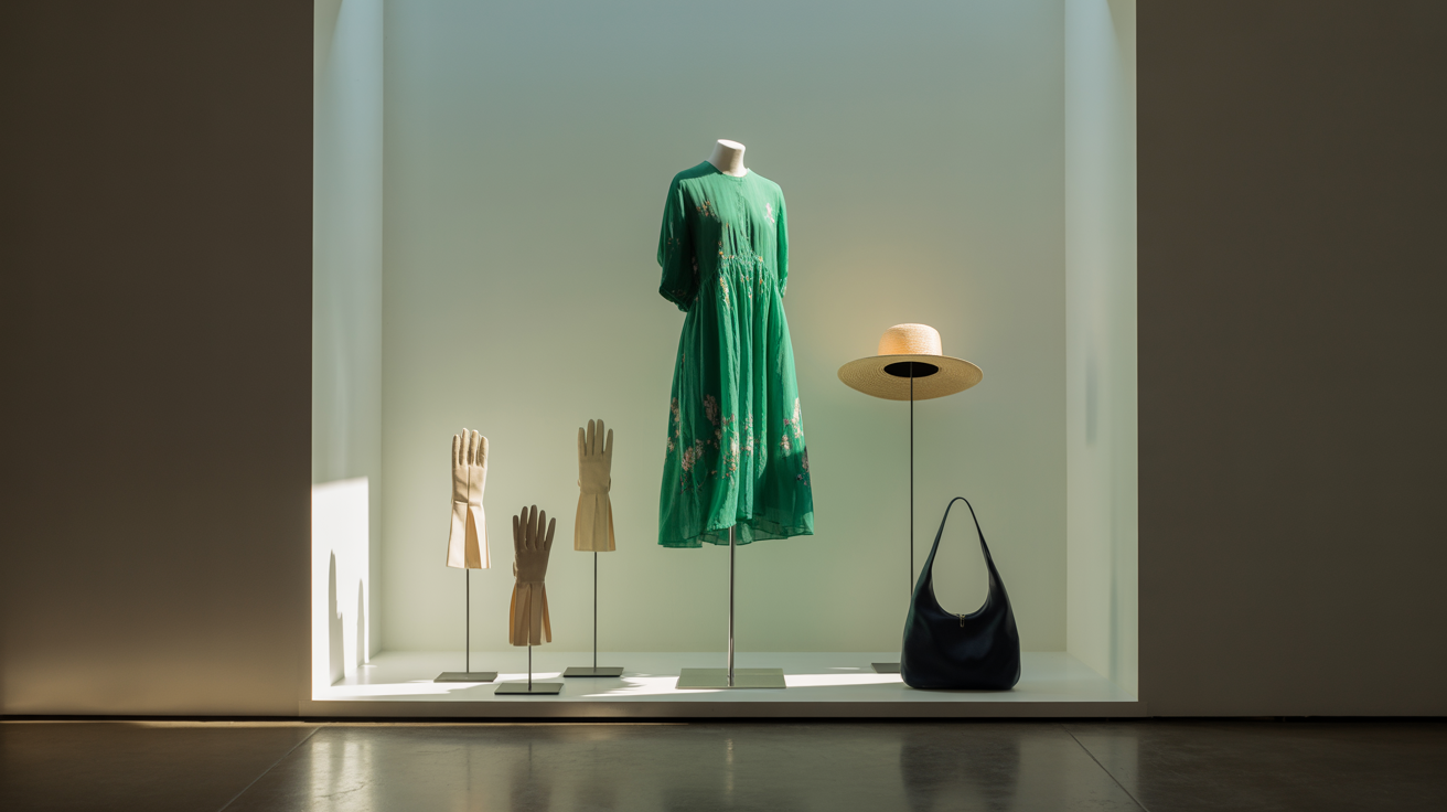 Βιτρίνα μπουτίκ με ισορροπημένη διάταξη και εστιακό σημείο.