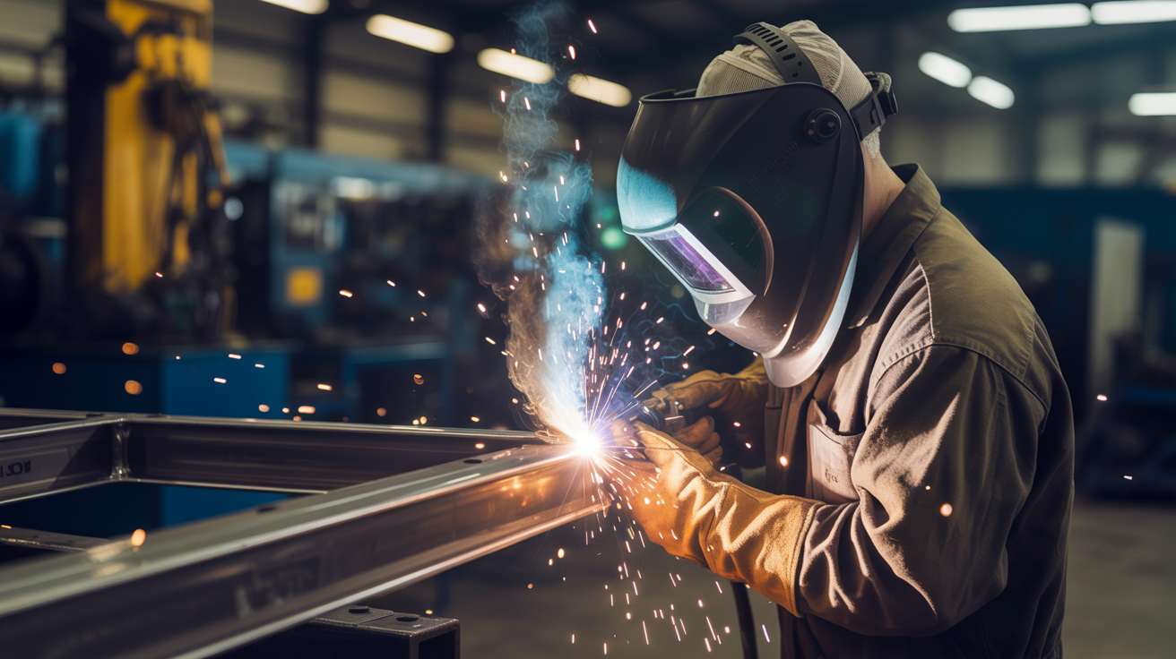 Sudor lucrând cu mască de protecție, scântei și lumină intensă