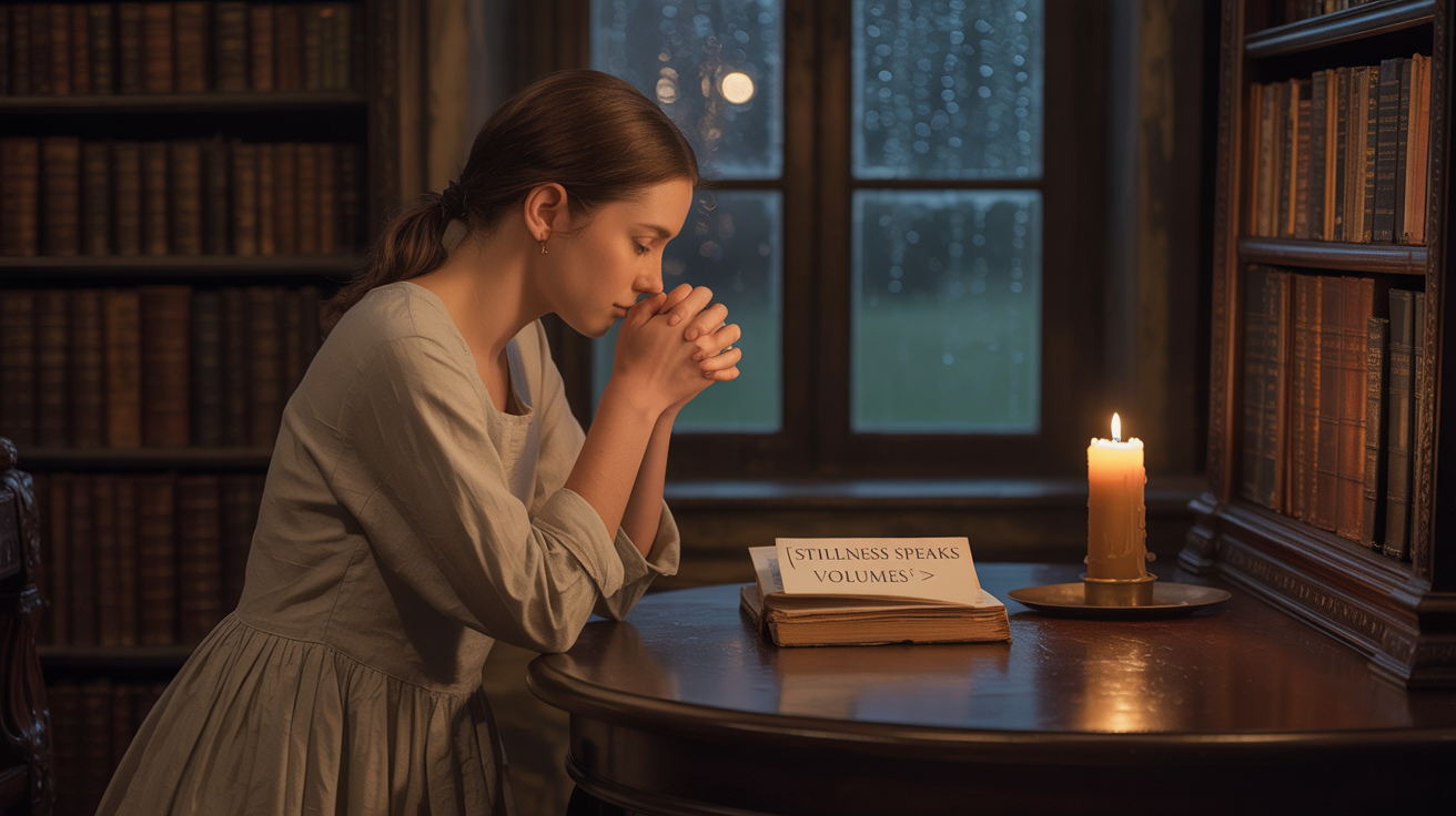 O persoană rugându-se seara, lumina lumânărilor, atmosferă pașnică