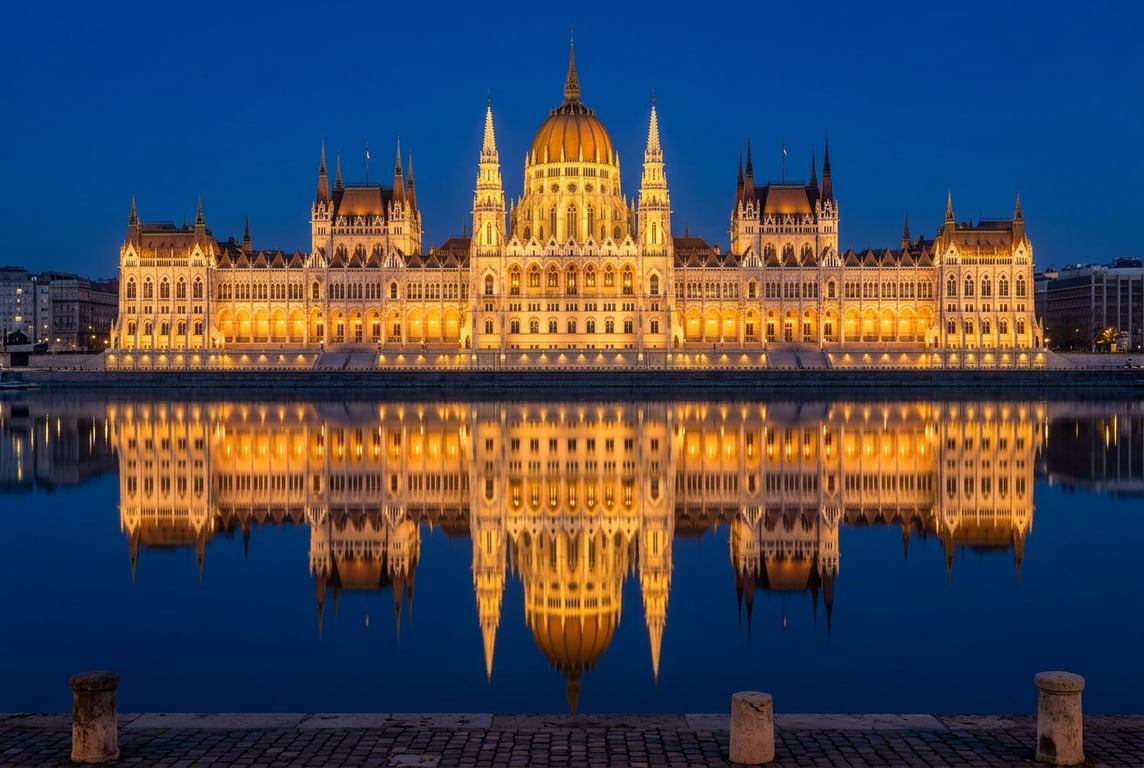 Parlamentul Ungariei iluminat noaptea pe malul Dunării în Budapesta