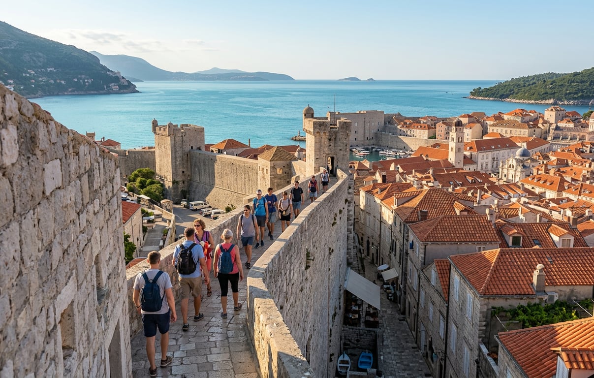 Turiști merg pe zidurile Dubrovnik, cu acoperișuri de teracotă și mare albastră