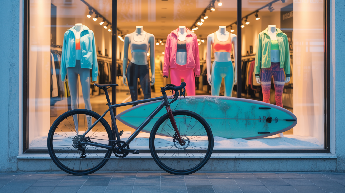 Βιτρίνα με αθλητικά ρούχα, ποδήλατο και σανίδα surf.