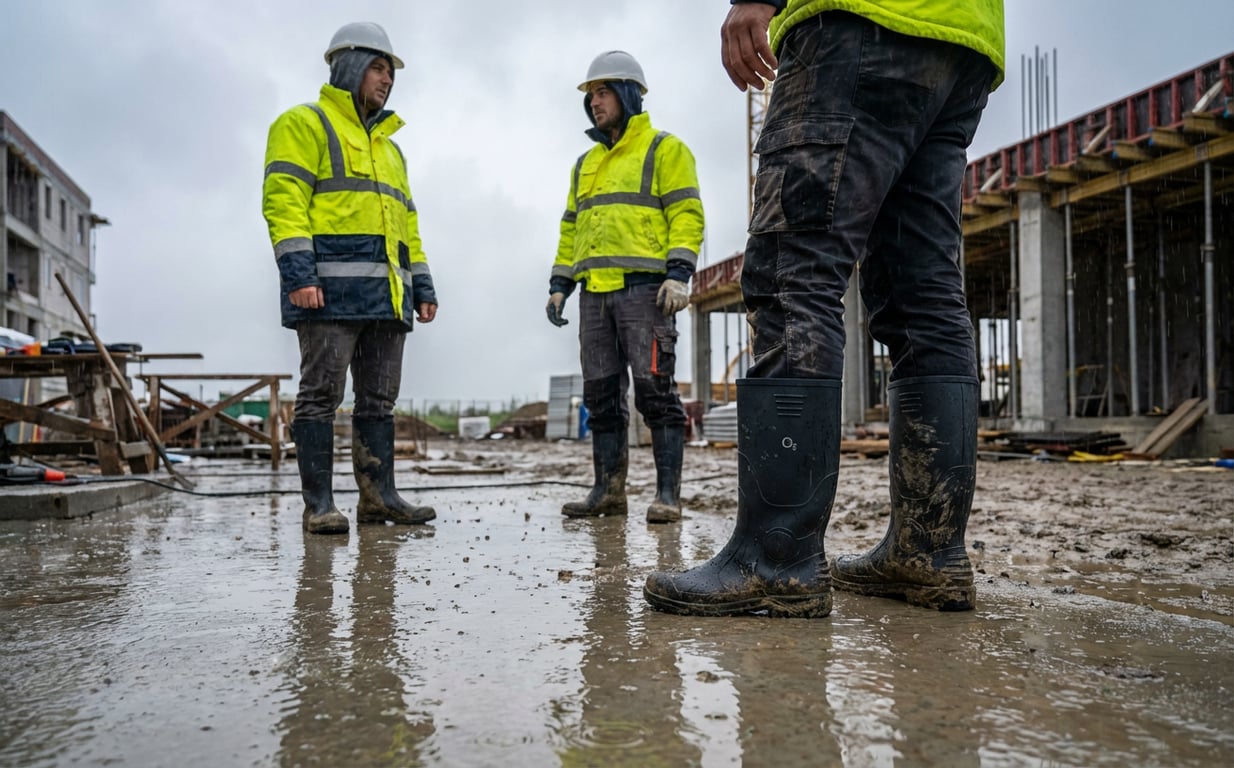 Lucratori purtand bocanci O2 in mediu exterior umed cu suprafete ude si conditii meteo