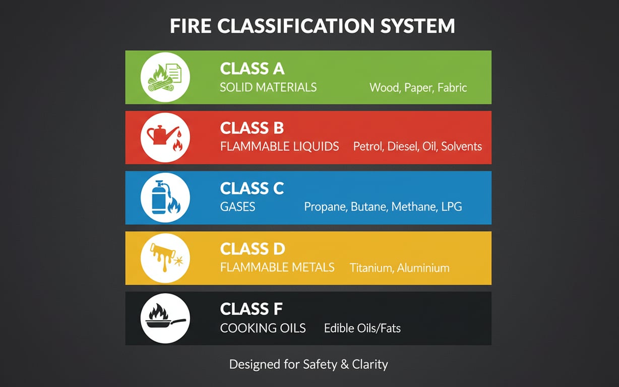 Diagrama claselor de incendiu A B C D F cu simboluri