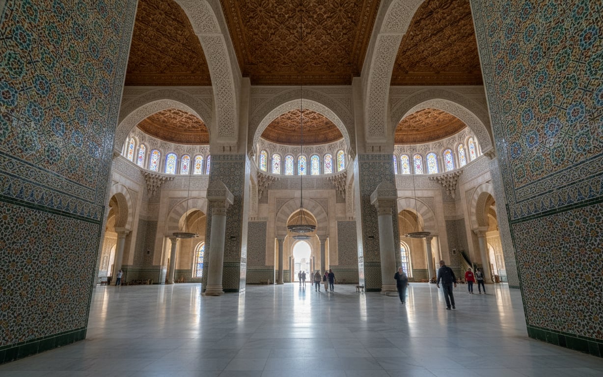 Interiorul Moscheii Hassan II cu mozaicuri traditionale si coloane de marmura