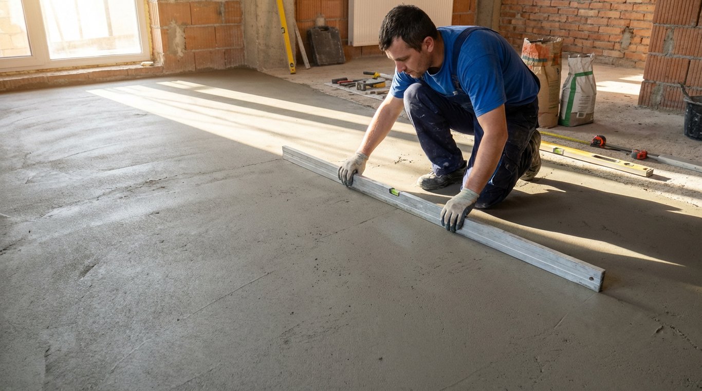 Verificarea planeității șapei cu riglă de nivelare de 2 metri pentru finisaje perfecte