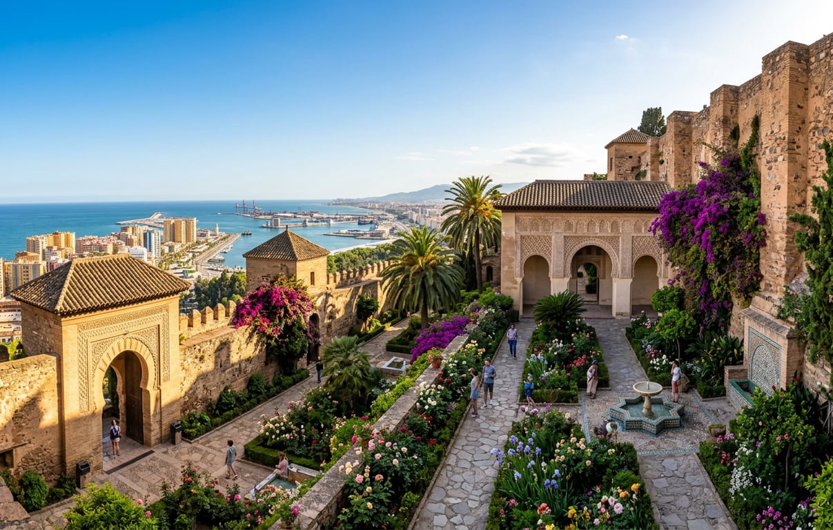 Fortăreața maură Alcazaba din Malaga cu grădini luxuriante și vedere panoramică