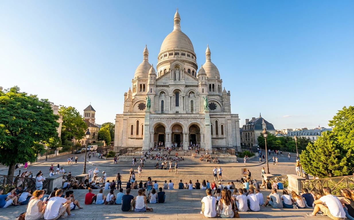 Bazilica Sacré-Cœur din Montmartre cu turiști pe treptele din față și vedere asupra Parisului