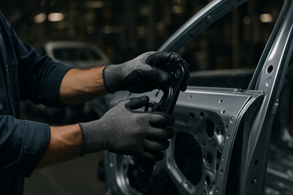 A worker in an automotive factory wearing mechanical protection gloves while assembling car parts, with focused lighting on the hands and components, showcasing the dexterity and protection offered by the gloves, emphasizing precision and safety in the automotive industry.