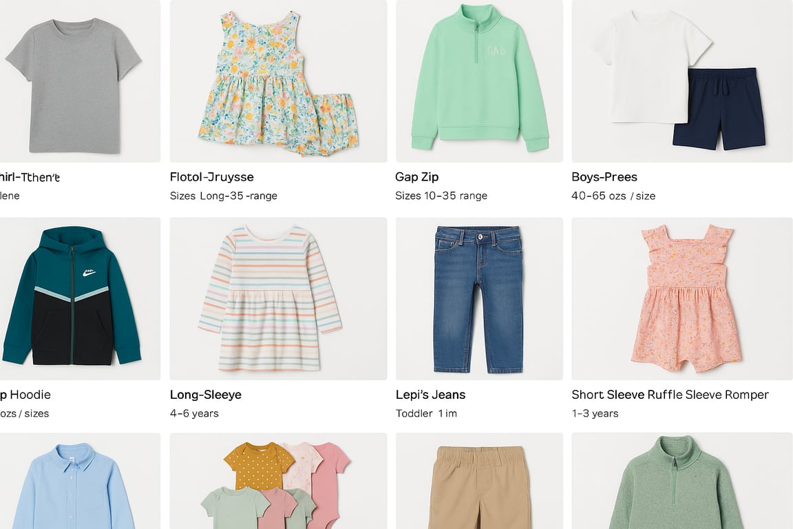 A diverse selection of children's clothing displayed on a modern e-commerce website, showcasing various styles, brands, and sizes, with clear product images and detailed descriptions, emphasizing the convenience and variety offered by online wholesale platforms.