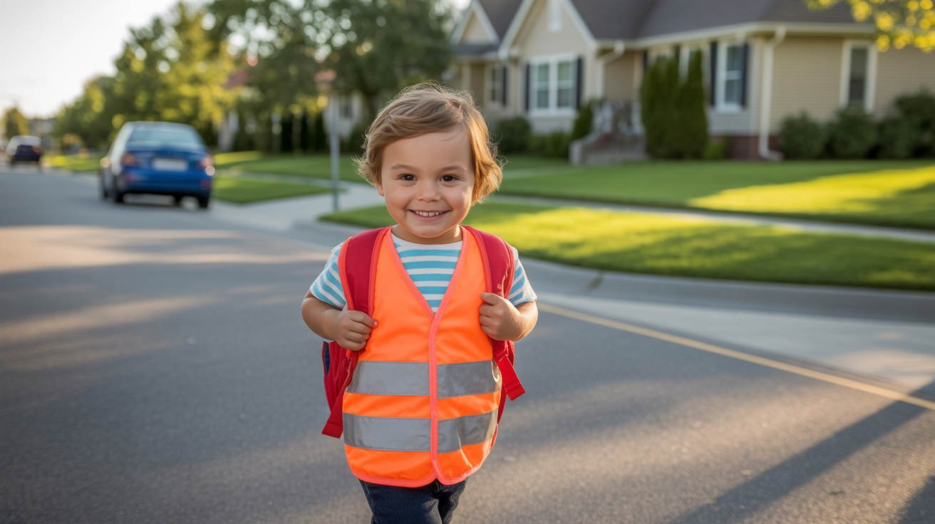 Copil purtand o vesta reflectorizanta traversand strada in siguranta