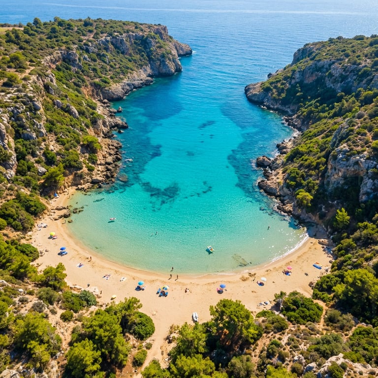 Vedere aeriană a plajei Konnos Bay din Cipru cu ape turcoaz cristaline și stânci verzi înconjurătoare