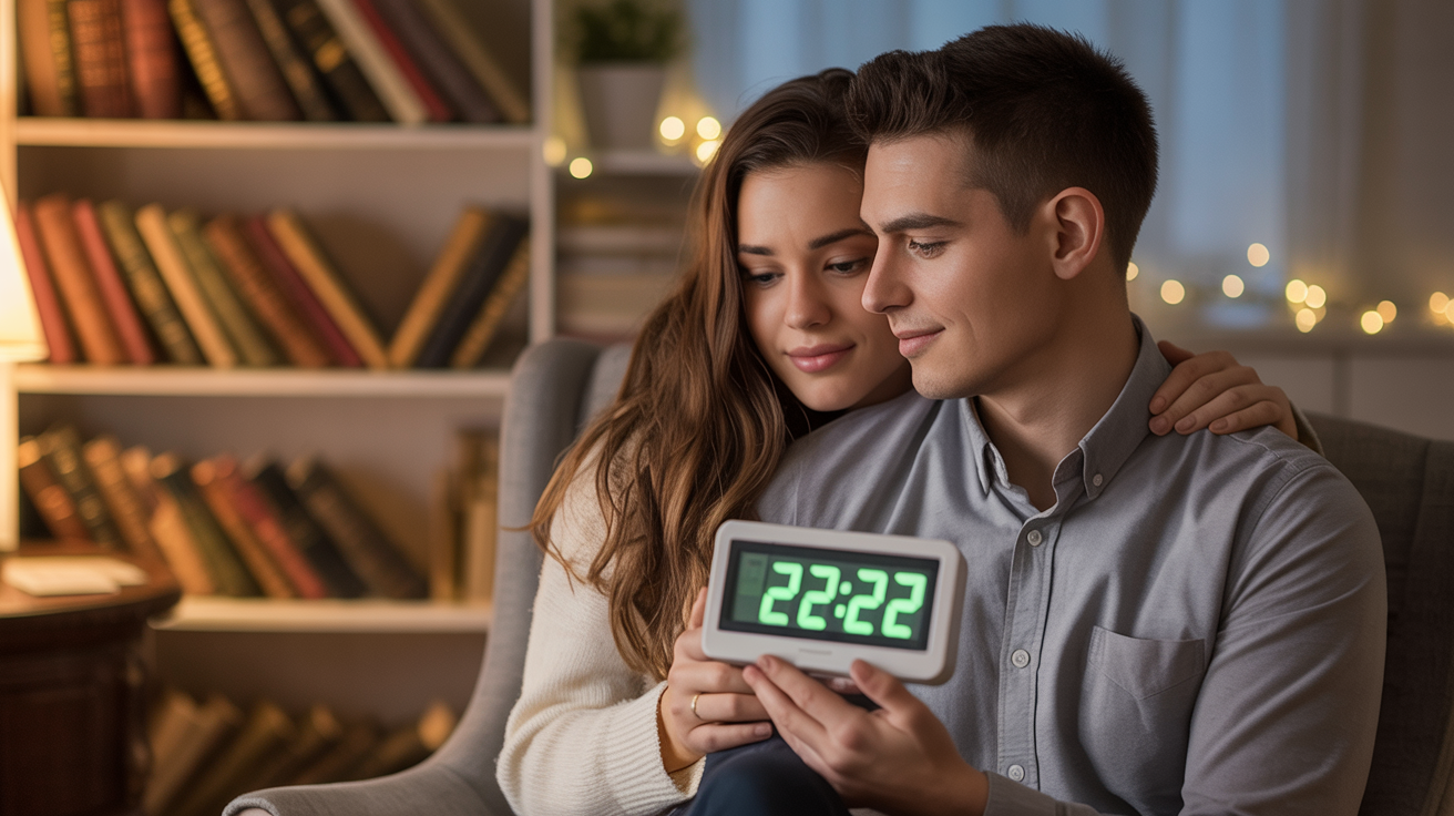 Cuplu tânăr privind un ceas digital, atmosferă romantică