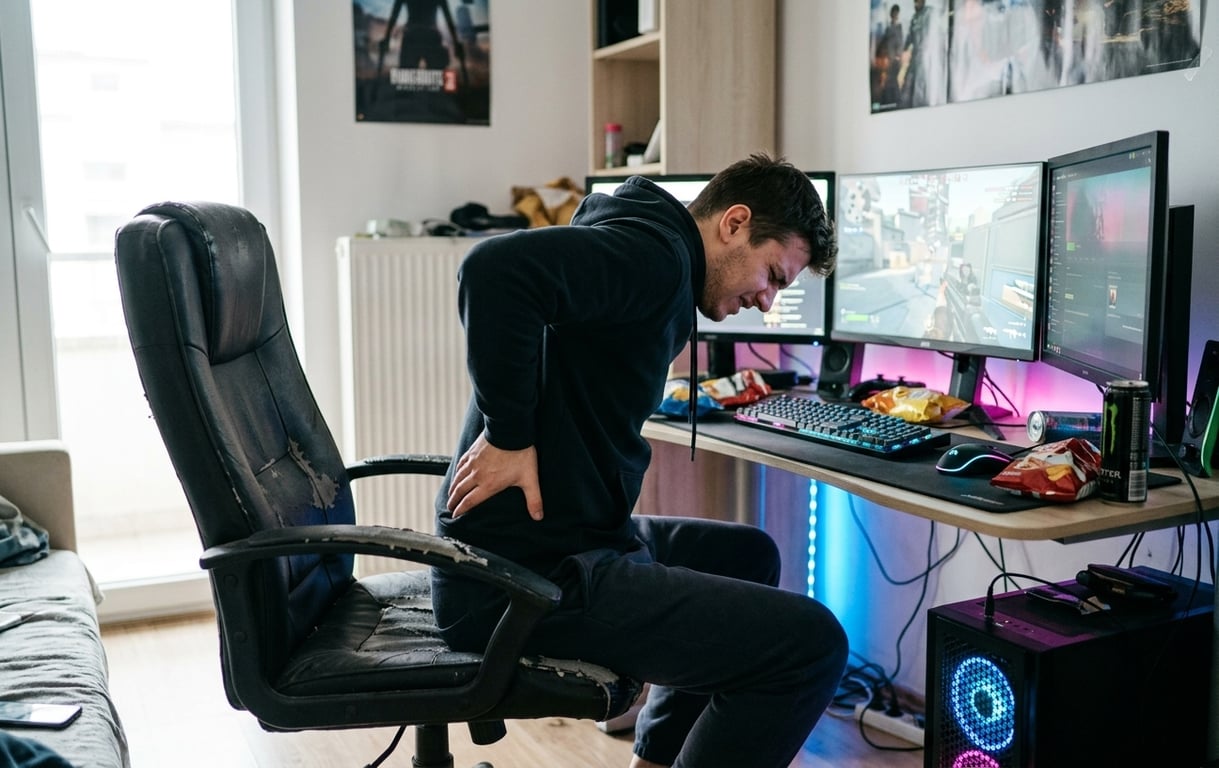 Gamer tânăr cu dureri de spate la birou din cauza scaunului neergonomic