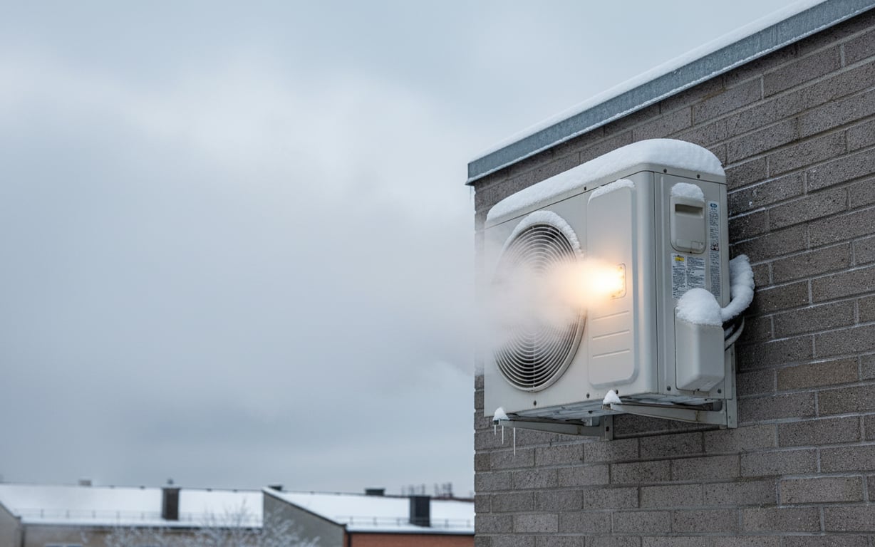 Unitate exterioară aer condiționat funcționând pe zăpadă în timpul iernii