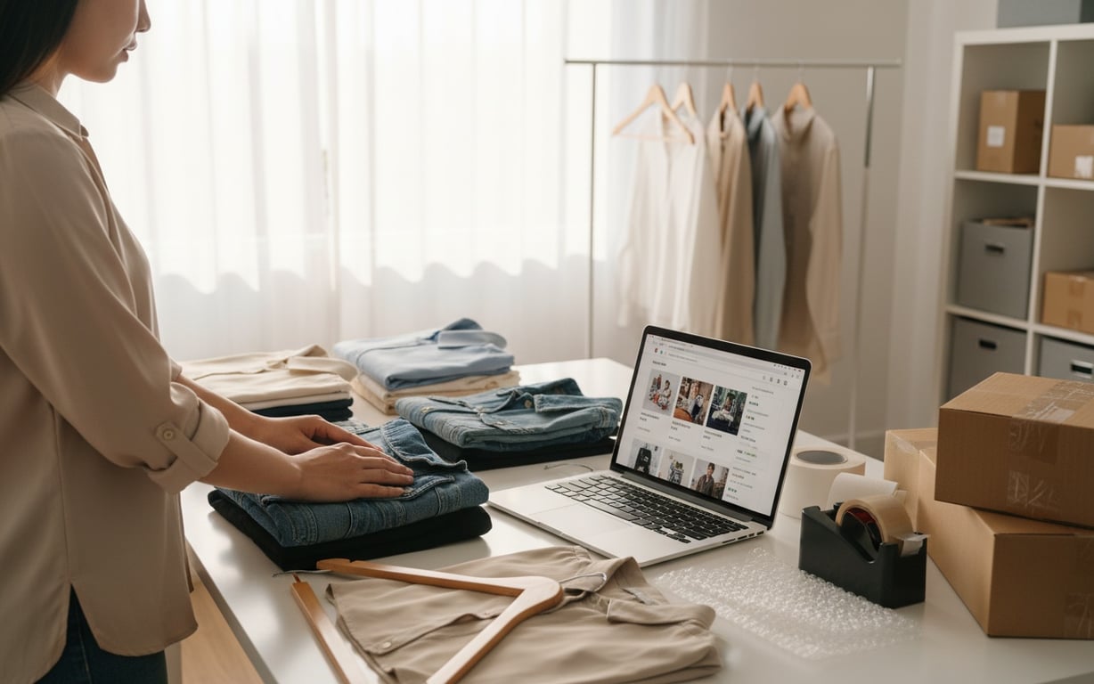 Small boutique owner managing excess inventory with laptop and organized stock