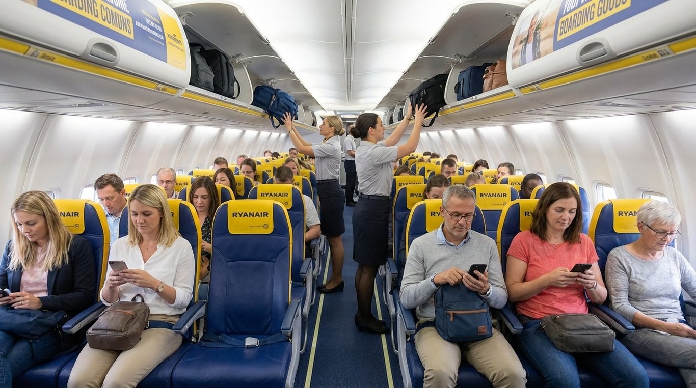 Interior avion low cost cu pasageri călătorind cu bagaje de mână minime