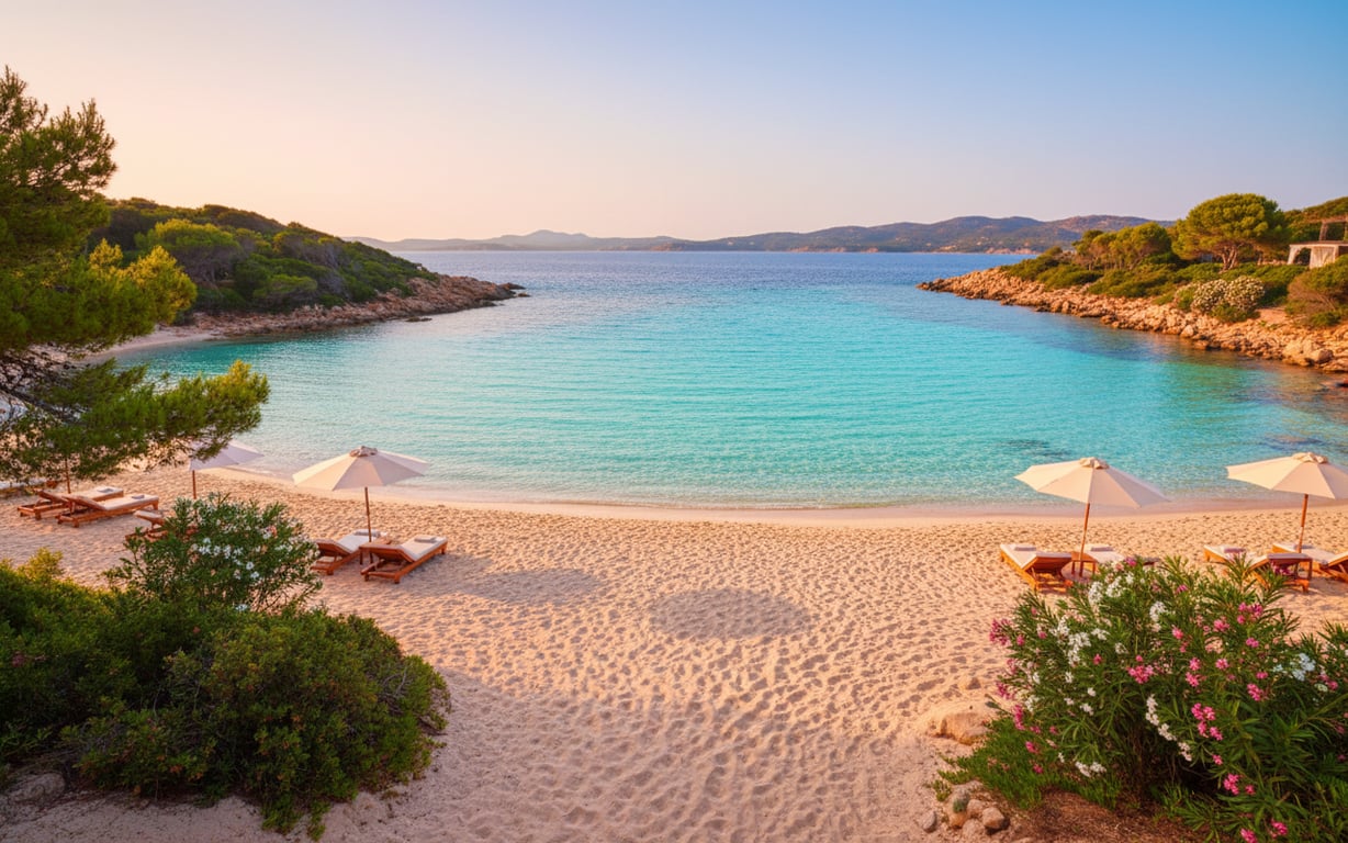 Plajă din Costa Smeralda cu nisip fin și apă turcoaz în Sardinia