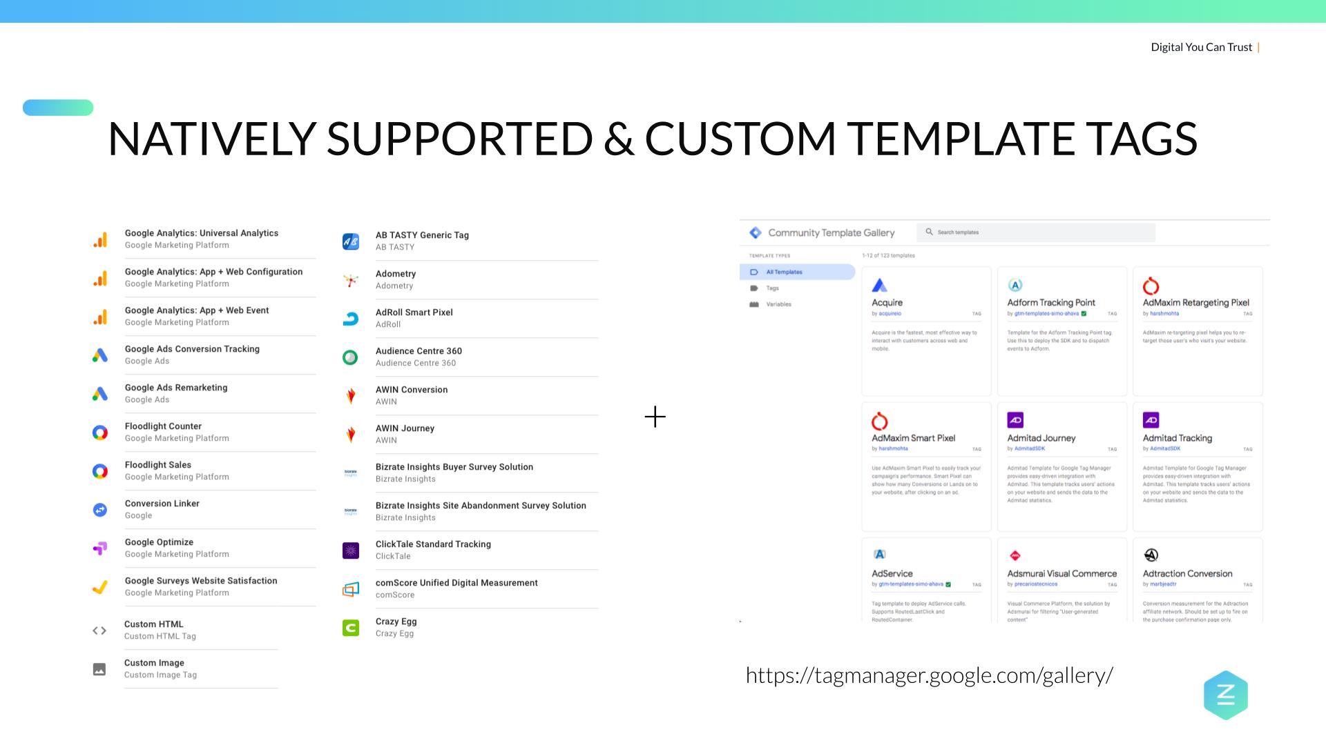 Natively supported and custom template tags in Google Tag Manager