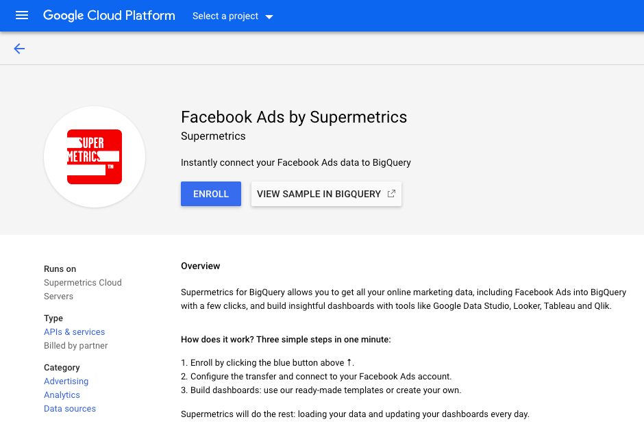 Enroll the Connector - Supermetrics and Google BigQuery