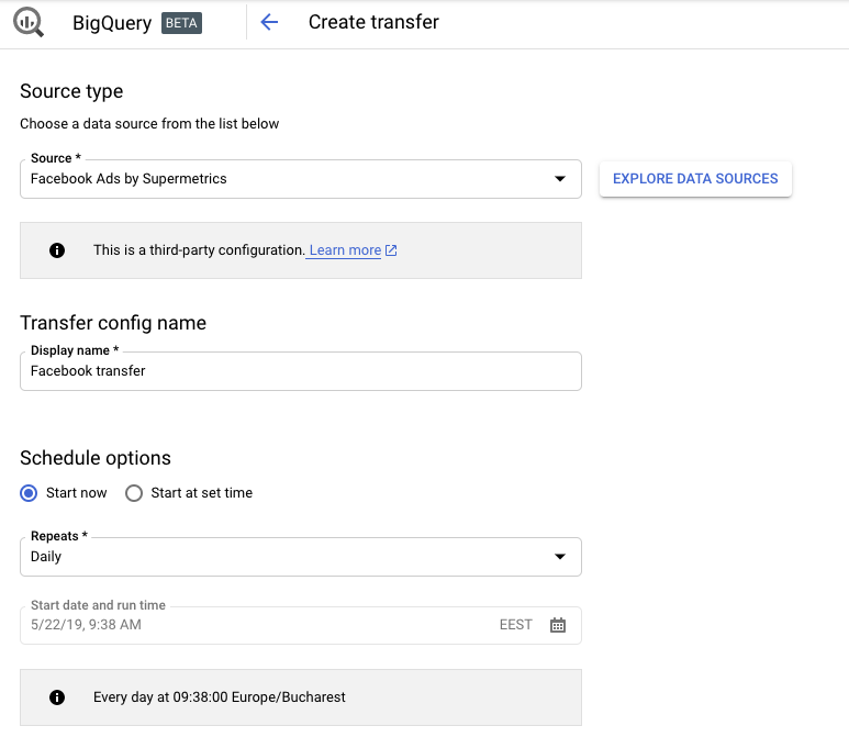 Set up transfer - connecting Google BigQuery and Supermetrics