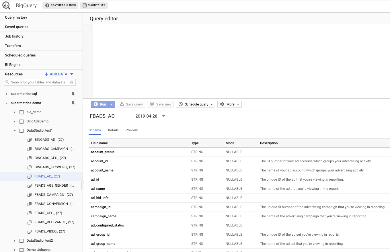 View data in tables - Connecting Google BigQuery and Supermetrics