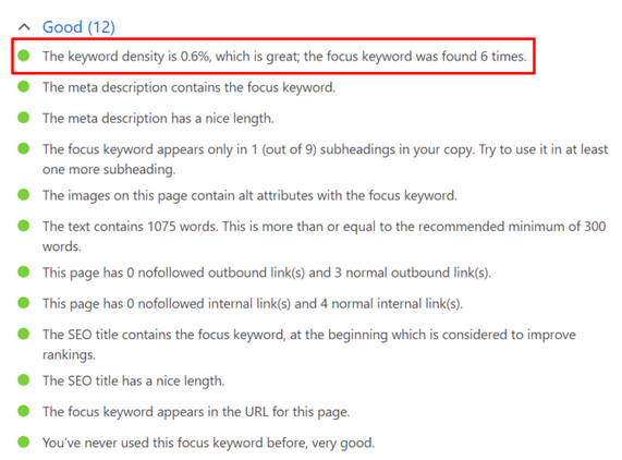 yoast seo suggestion keyword density