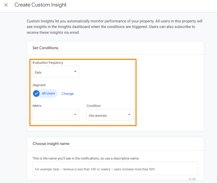 ga4 alerts custom insights conditions