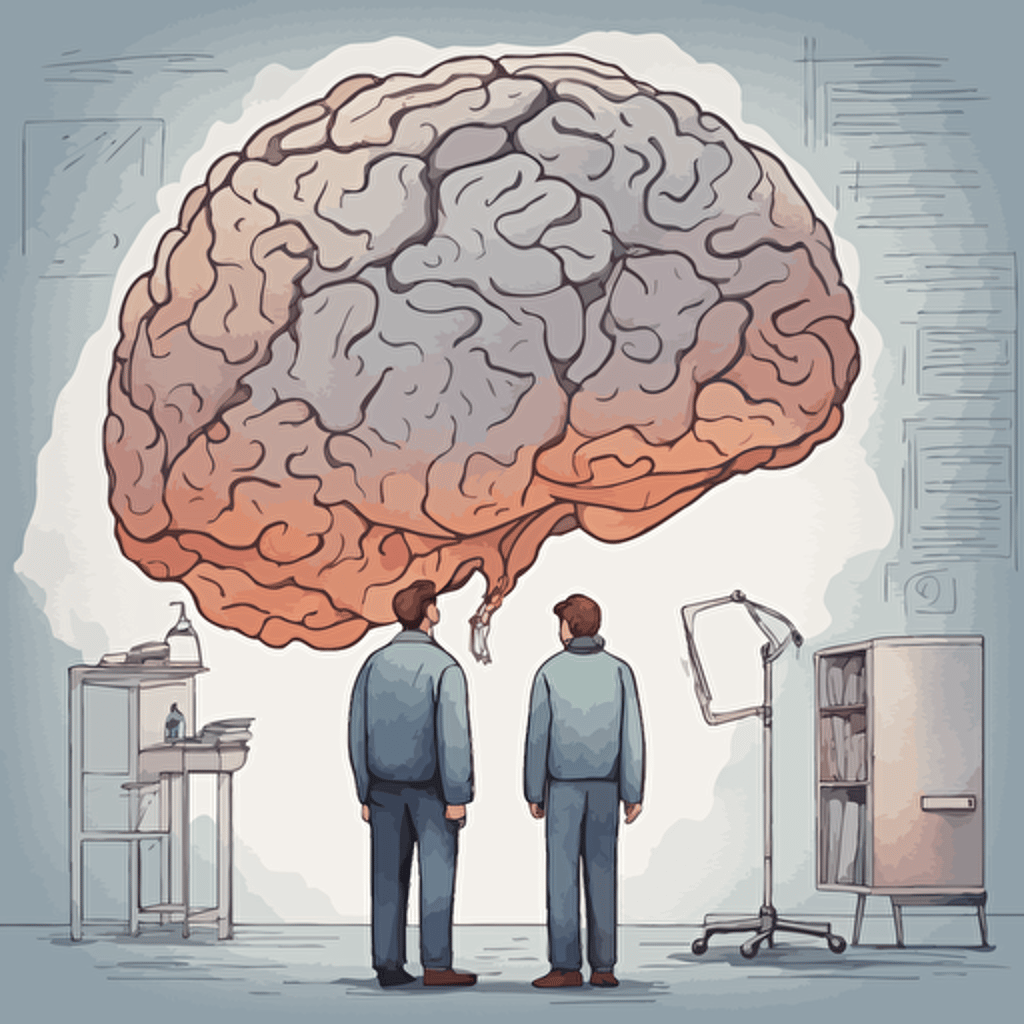 researches standing in front of a gigantic brain