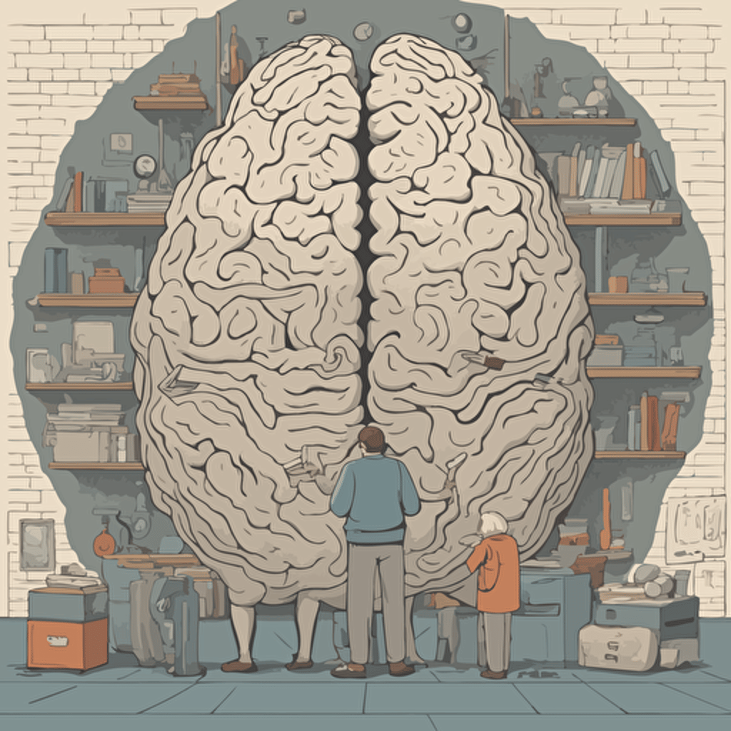 researches standing in front of a gigantic brain