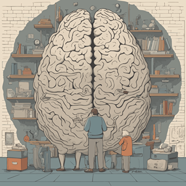 researches standing in front of a gigantic brain