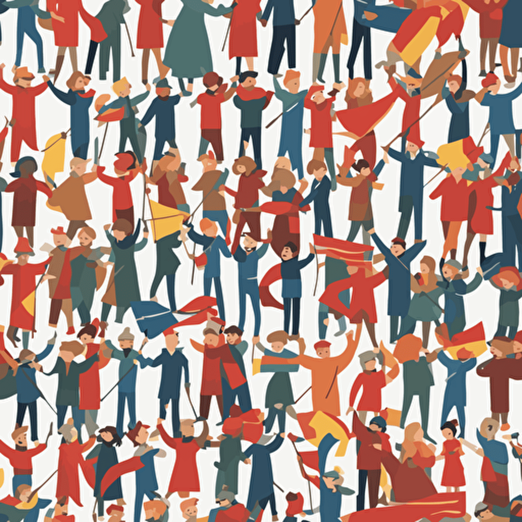 people marching with a man holding a flag with an arrow