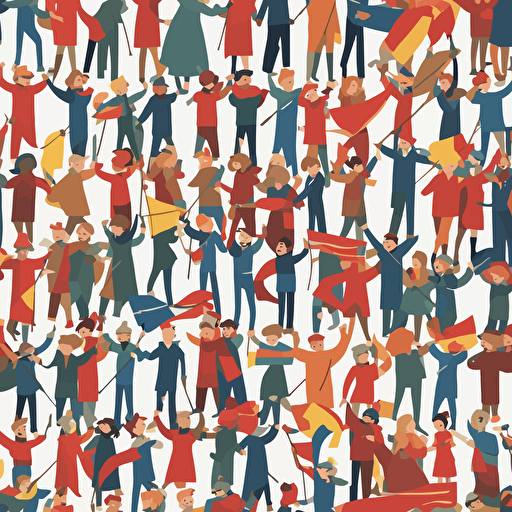 people marching with a man holding a flag with an arrow