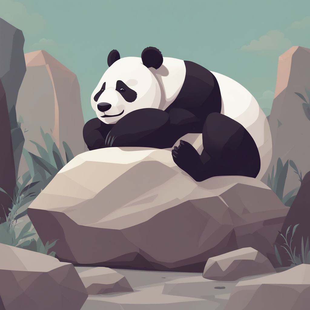 a panda sleeping on a rock