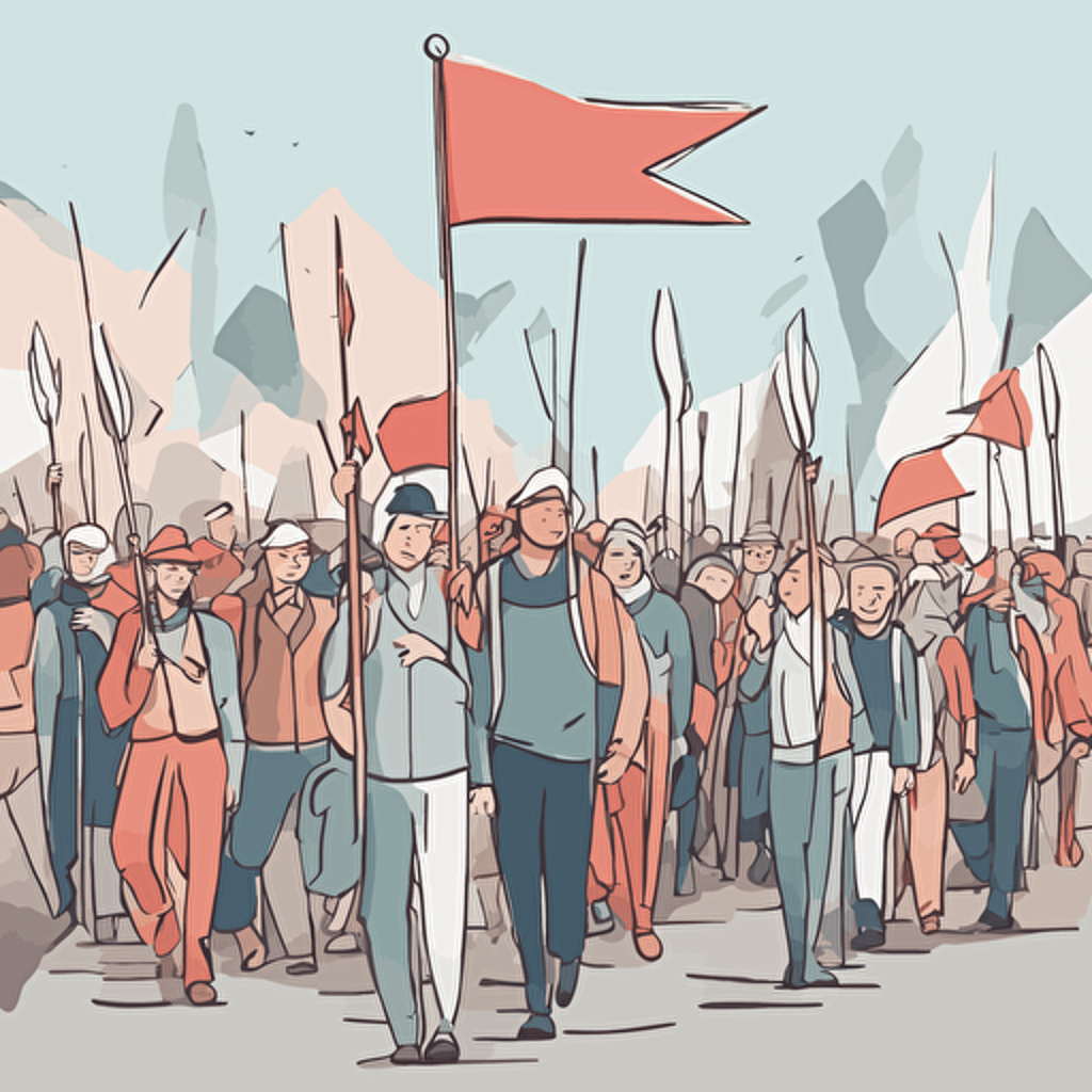 people marching with a man holding a flag with an arrow