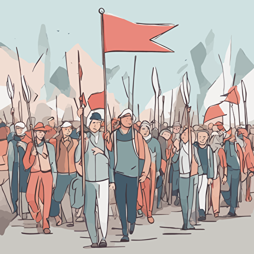 people marching with a man holding a flag with an arrow