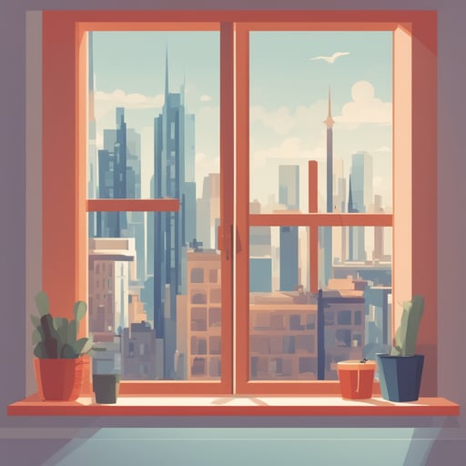 a window with a view of a city