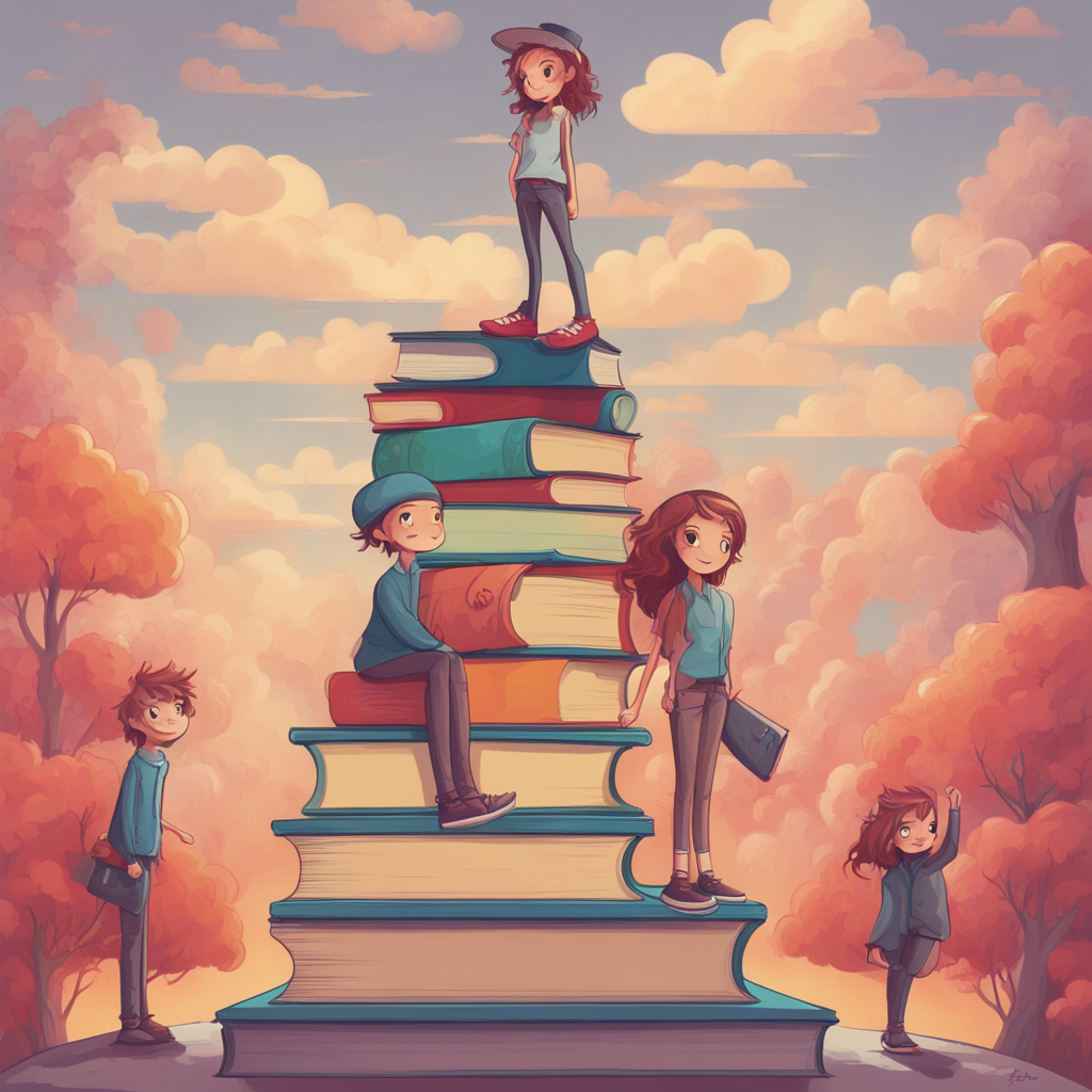 students standing on gigantic books