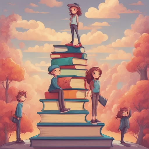 students standing on gigantic books