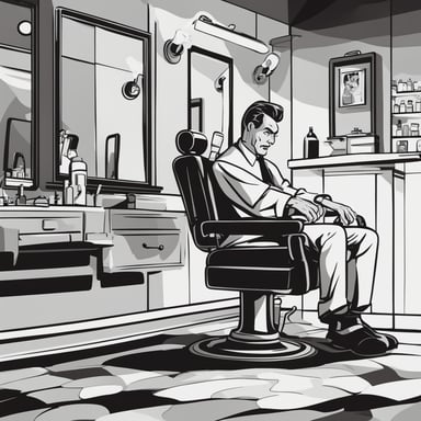 a barber asking someone to sit in the chair