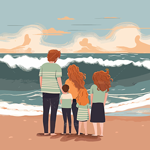 A monther with long brown hair, a father with short blond hair, a 3-year-old girl with sandy blond hair, a 3-year-old boy with black hair, and a 10 year old girl with red hair at the beach watching the ocean waves, illustration, vector, flat style