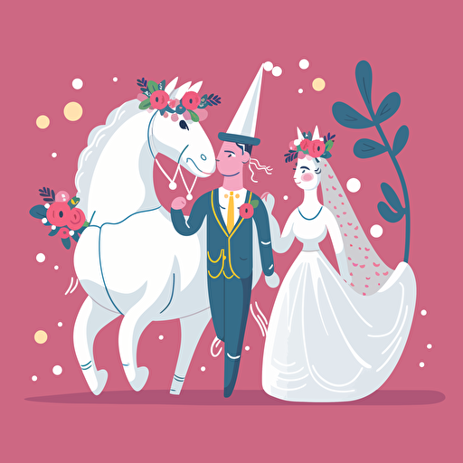 Vector art of a unicorn dressed as a bride and a unicorn dressed as a groom, in the style of Britta Teckentrup illustrations