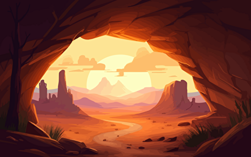 Looking out from the edge of a desert cave, filled partially with sand and rocks, looking out into a vast landscape of dunes of tall sand and cacti with mountain peaks in background with the sun shining through the clouds high quality cartoon style warm lighting early morning vibe vibrant dramatic lighting vector illustration