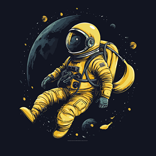 2d vector art, banana-shaped astronaut floating, yellow pallete, low saturation, digital art, black background