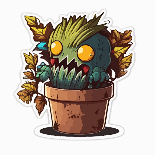 monster plant pot, Sticker, Delighted, Earthy, Graffiti, Contour, Vector, White Background, Detailed