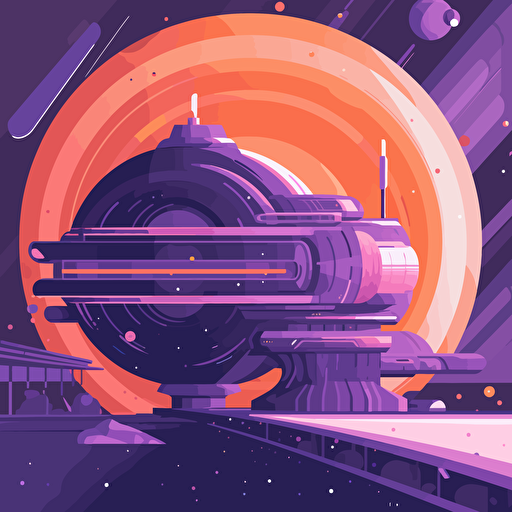 massive spaceship preparing for a warp, planets, 2D, vector, flat art, fedex purple and orange