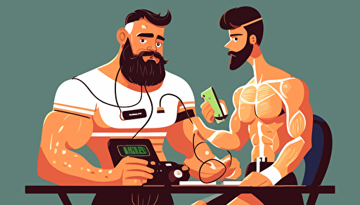 bearded handsome physical therapist working with cycling athlete, genndy tartakovsky artstyle, Hayao Miyazaki, 2d flat vector art,