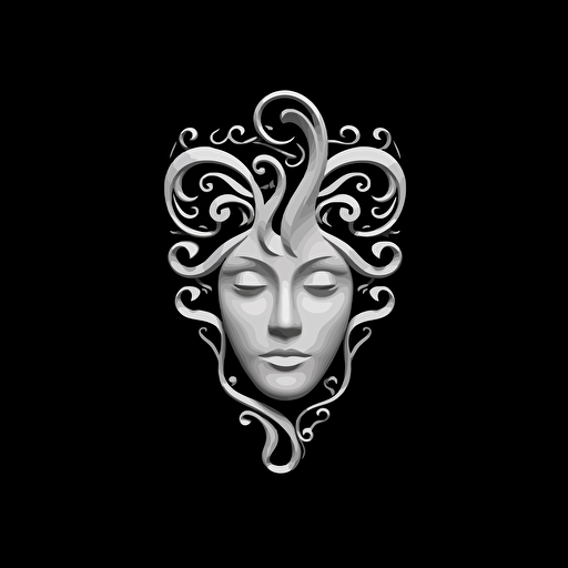 pictorial iconic logo of a sculpted mind, white vector, on black backgroung